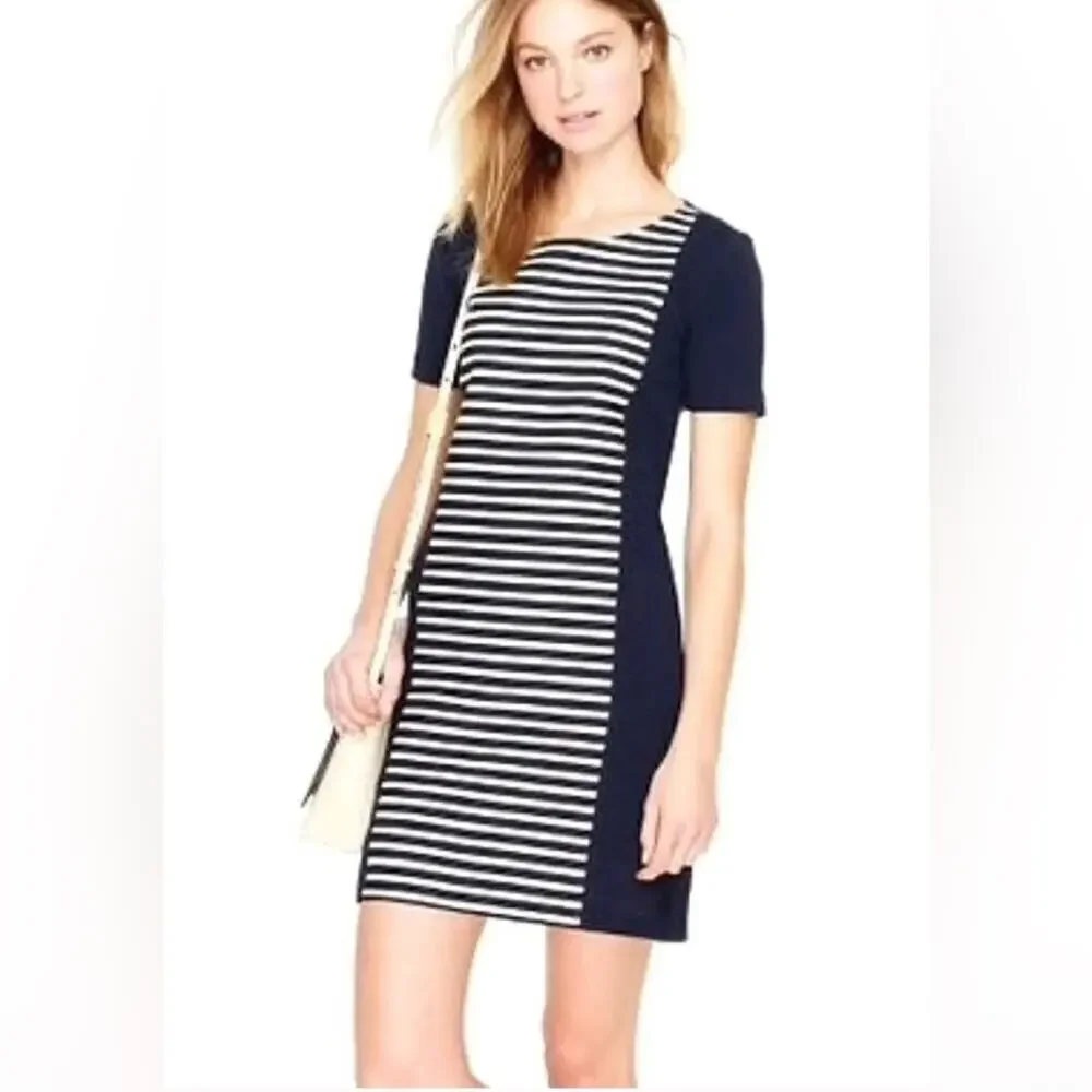 J Crew Knit Shift Dress Heather Navy Blue Cream Ivory Stripe exposed zipper